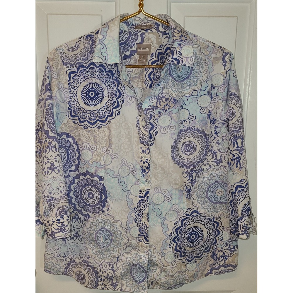 Chicos Womens 2 Purple Blue Geometric Button Down Shirt Cotton 3/4 Sleeve Top